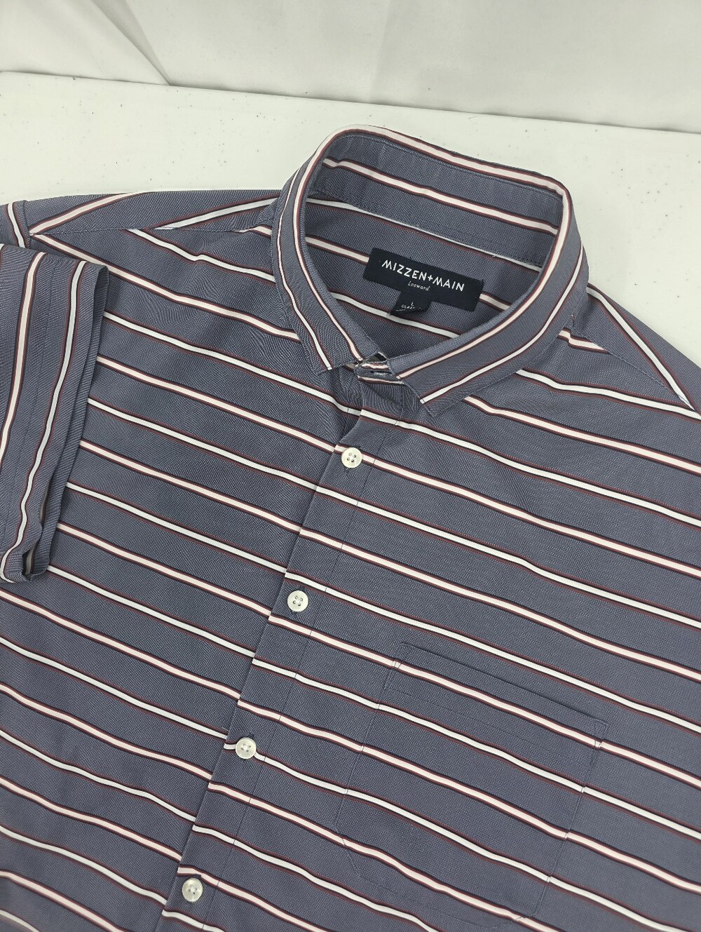 Mizzen + Main Leeward Cloud Blue Red Striped S/S Button Front Stretch Men Large.